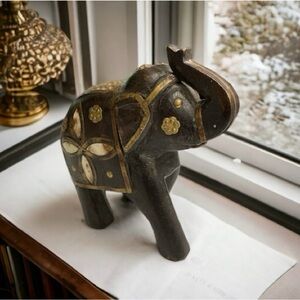 VINTAGE HAND CARVED,  WOODEN ELEPHANT STATUE WITH BRASS & BONE INLAY